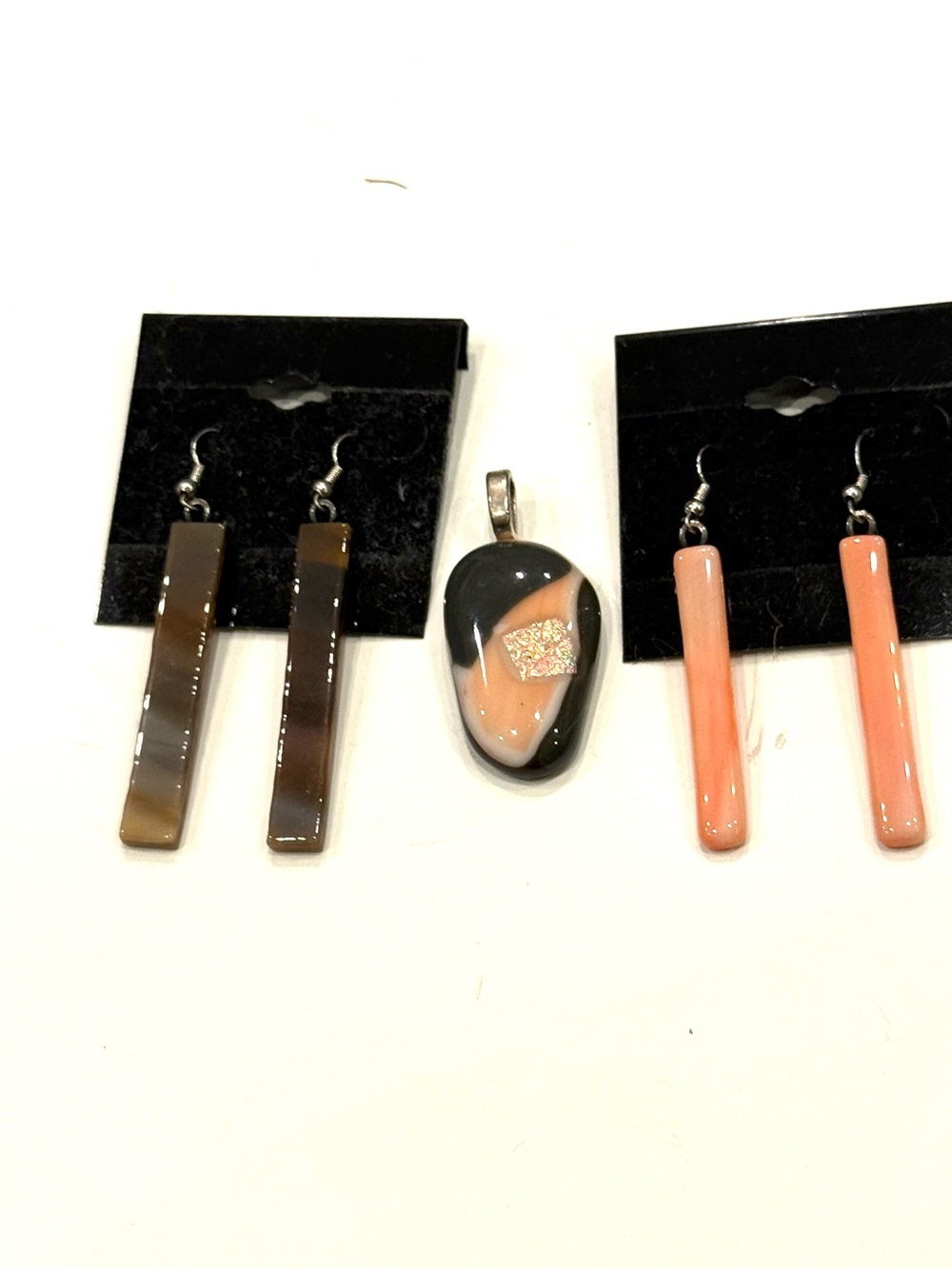Artisan Fused Glass Pendant Earrings Set Peach Taupe Dichroic Handmade